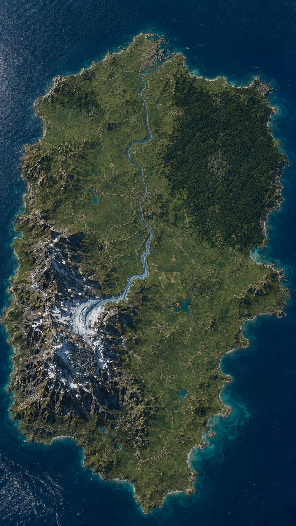 Aerial world map of Eranthorin, showing a long island with northern cities, eastern forests, a central river, southern plains, and snow-covered western mountains